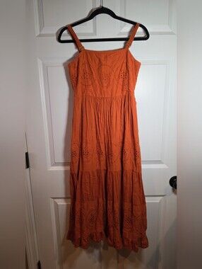 Nation AK Outfits Orange Cotton Eyelet Midi Dress - Womens L